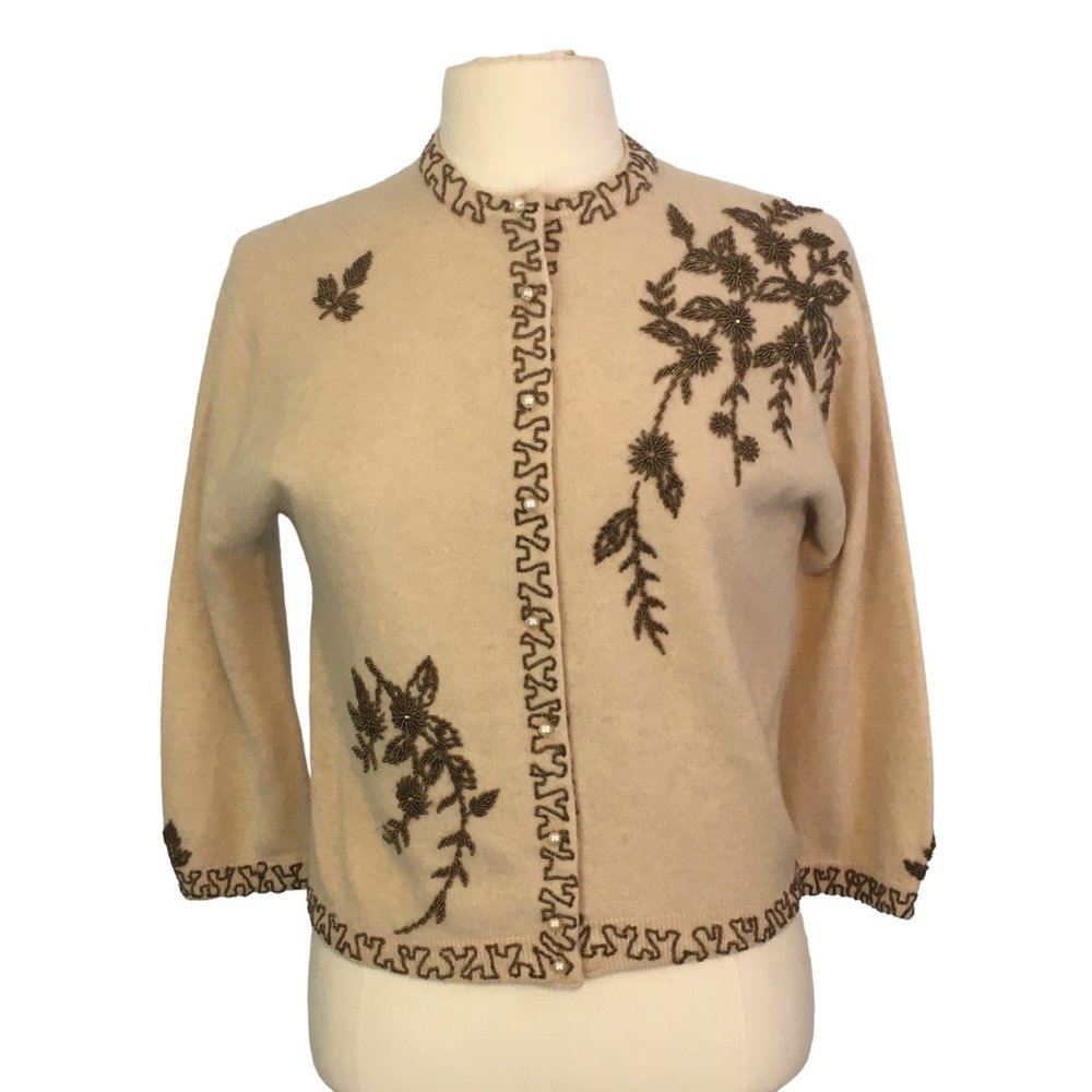 George Sweaters Stunning Vintage 50s 60s Beige Bronze Beaded Cardigan Sweater 40